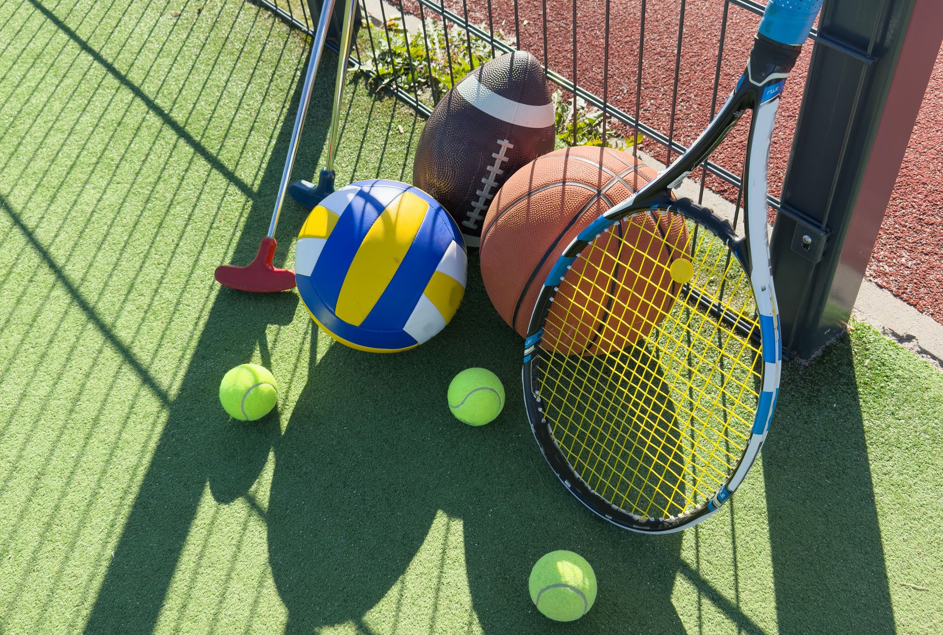 Variety Of Sport Balls And Equipment In Front Of Gray Surface